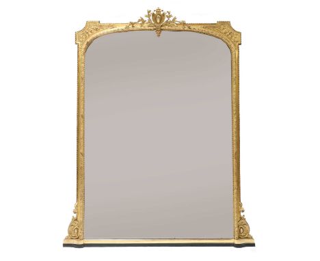 A gilt overmantel mirror,19th century, the pierced crest with a central shield over an arching plate,160cm wide200cm highThis