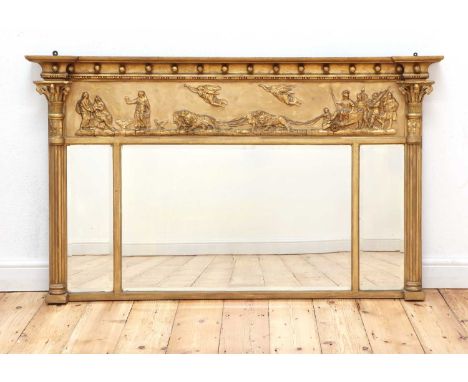 A Regency-style gilt overmantel mirror,with a deep classical frieze over a triple plate, flanked by column supports to either