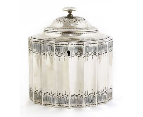 A George III silver tea caddy, by Robert Hennell, London 1788, of fluted form, with engraved borders, 13cm wide, 9.5cm deep, 