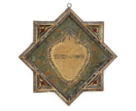 An Italian gilt and reverse-painted glass frame,18th century, Venice, of star shape, decorated in polychrome colours with flo