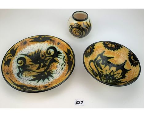 3 pieces of Celtic folk design pottery, Newlyn Cornwall- dish 10” dia, bowl 7.5” dia and vase 4” high