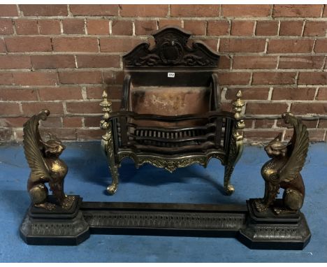 Cast iron and brass fireplace with fender, fireplace 21.5” wide x 13” deep x 28” high, fender 45” wide x 22”high