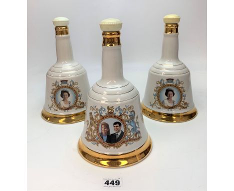 3 Bells Scotch Whisky commemorative porcelain decanters – 2 x 60th Birthday of HM Queen Elizabeth II, 1986 and Marriage of Pr