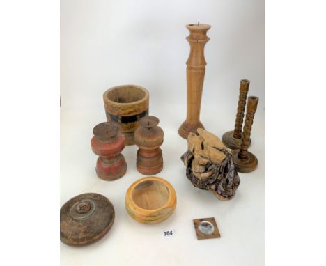 Mixed woodware- twist candlesticks, dish, planter, candle holders, log, leg, mirror and bottle. 17” high tallest