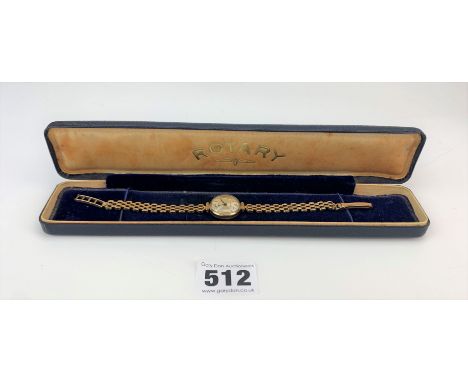 9k gold ladies Rotary watch with 9k gold strap, running. In Rotary box.  Total w: 14.1 gms
