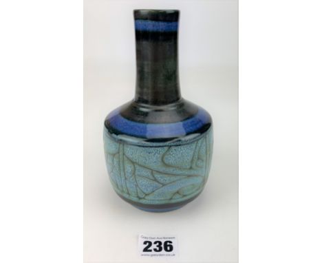 Blue Celtic pottery vase, Newlyn Cornwall. 7” high. 