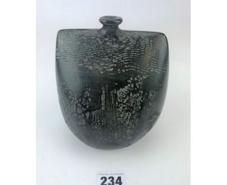 Peter Hayes Studio pottery bottle shaped vase, Raku fired, signed to base ‘88.  5.5”