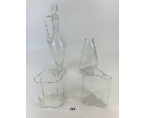 Mixed glass ware- Villeroy and Boch decanter, etched glass vase, Nuutajarvi Finland vase and shaped vase. 18”, 7”, 8” and 10”