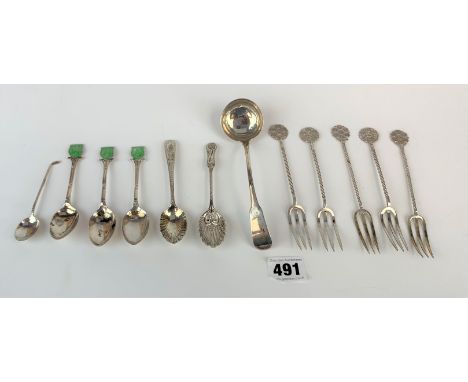 Silver cutlery – 3 silver/enamel teaspoons, 5 pickle forks, small ladle, golf club teaspoon &amp; 2 embossed teaspoons. Total