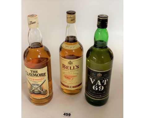 3 bottles of whisky – VAT 69 Finest Scotch Whisky, 1 Ltr, Bell’s Extra Special Old Scotch Whisky, aged 8 years, 1 ltr. And Th