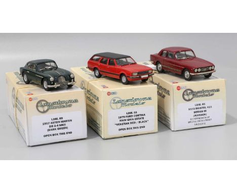 Lansdowne Models Three 1:43 Scale Models (i) LDM89 1957 Aston Martin DB2-4 MkII dark green (ii) LDM85 1973 Bristol 411 Series