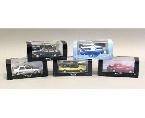 Neo Five 1:43 Scale Models (i) Bristol 404 red (ii) Saab 900 Cabrio yellow (iii) Saab 9000 CS silver (iv) Saab 95 blue/white 