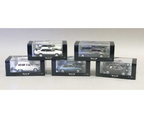 Neo Five 1:43 Scale Models (i) Bristol 401 grey (ii) Saab 99 black (iii) Saab 90 blue (iv) Saab 95 GL cream (v) Saab 900 Turb