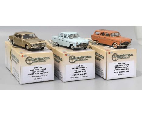 Lansdowne Models Three 1:43 Scale Models (i) LDM109 1966 Ford Zodiac Mk4 Saloon metallic amber gold (ii) LDM92 1956 Ford Zeph