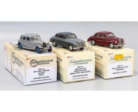 Lansdowne Models Three 1:43 Scale Models (i) LDM91 1936 Riley Adelphi Saloon grey (ii) LDM72 1958 Riley 2.6 Sports Saloon bir