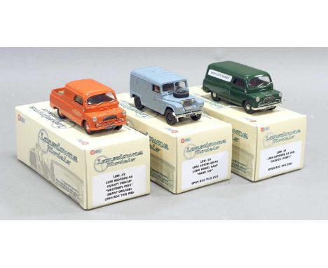 Lansdowne Models Three 1:43 Scale Models (i) LDM43 1960 Bedford CA Canopy Pickup Westbury Coin burnt orange (ii) LDM39 1965 B