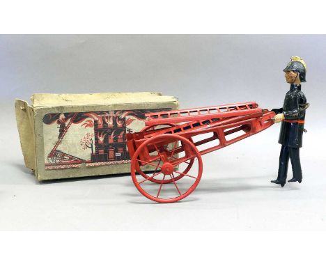 Gama Climbing Fireman consisting of two wheel base with three part folding ladder 21", 53cm long and clockwork fireman figure