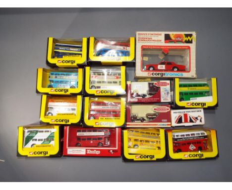 Corgi - 15 boxed diecast model vehicles (predominately buses) by Corgi in various scales. lot includes 1008 Corgitronics Fire