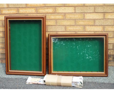 Two wooden display cases to suit Lledo cars and similar, One opens in portrait and One in Landscape, approximate dimensions H