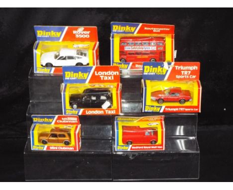 Dinky Toys - Six Dinky Toys in original window boxes. Lot includes, 178 Mini Clubman, 284 London Taxi, 211 Triumph TR7, 289 R