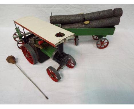 Mamod - An unboxed Mamod TE1a Steam Traction Engine, Trailer, Log Trailer, Logs, burner and control rod. All items are in pla