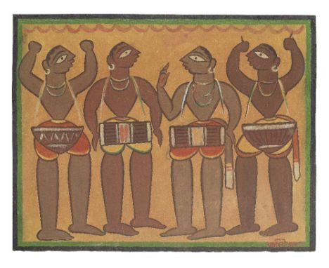 Jamini Roy (Indian, 1887-1972)Untitled (Four Santhal Drummers) signed in Bengali lower rightgouache on paper on card42.8 x 54