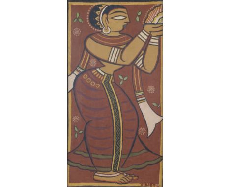 Jamini Roy (Indian, 1887-1972)Untitled (Gopini) signed in Bengali lower righttempera on canvas, framed84.10 x 43cm (33 1/8 x 