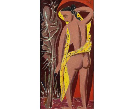 George Keyt (Sri Lankan, 1901-1993)Girl and Cactus signed 'G Keyt 62' upper right and title versooil on board, framed81 x 39.