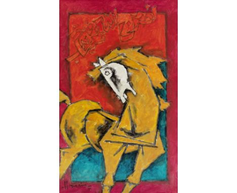Maqbool Fida Husain (Indian, 1915-2011)Untitled (Horse) singed 'Husain 91' lower leftacrylic on canvas, framed121 x 75.5cm (4