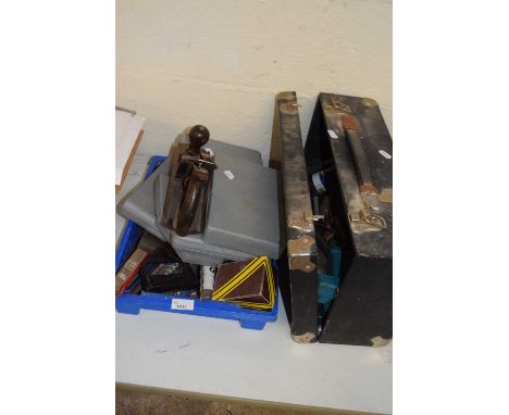 Two boxes of mixed tools to include drill bits, planes etc