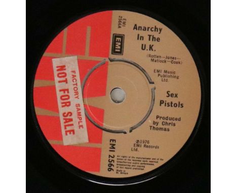 SEX PISTOLS - ANARCHY IN THE UK 7" (EMI 2566 FACTORY SAMPLE STICKER, CHRIS THOMAS CREDITS). Wicked copy of the ferocious 1976