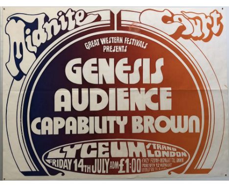 GENESIS 1972 POSTER. An original poster for a 14th July 1972 Genesis performance at London's Lyceum. Measures 39.5 x 30" and 