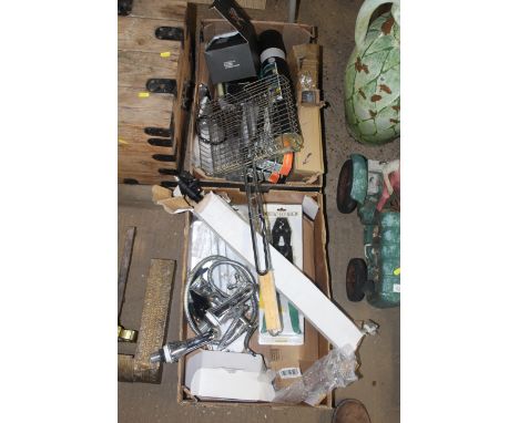 A quantity of various items to include bath mixer tap, a tripod stand, a barbeque grill, a two-in-one magnetic rollup dart bo