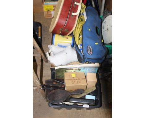 A badminton net in carry case, a cased record player, various domestic items, sound bar etc.