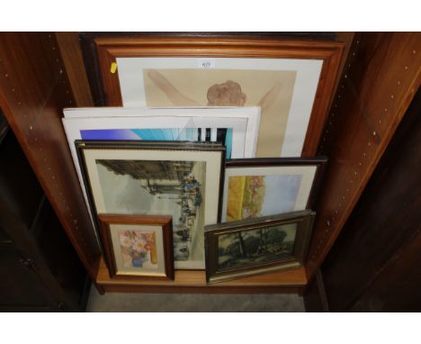 A quantity of various pictures to include Trinity College print, a Rodin nude, four Athena prints (unframed), 'Cley Mill', 'W