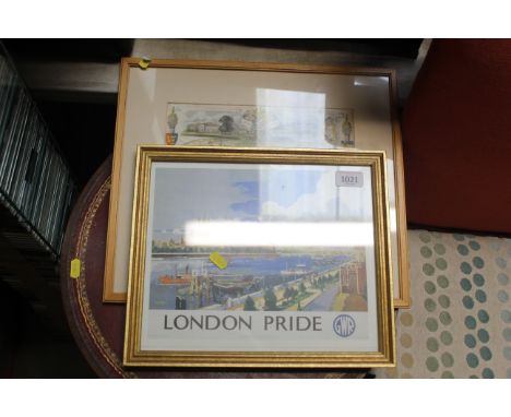 A framed and glazed map of Suffolk together with a GWR print "London Pride"