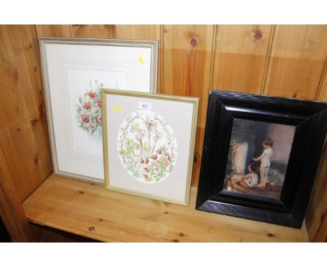 A water colour study of flowers; a limited edition poppy print and framed print of two young children in front of a fireplace