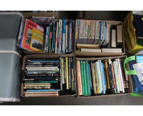 Four boxes of books containing various examples of railway, steam engines, locomotives and a book on Model and Miniature Rail