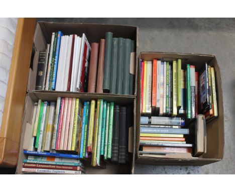 Three boxes of various books to include a run of LMS Locomotive profile books by The Wild Swan Publications, a run of five Lo