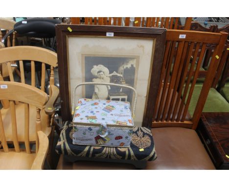 A vintage print of child and dog, a sewing box with swing handle and an upholstered kneeling stool