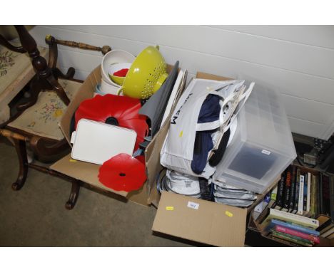 Two boxes of various sundry items to include colander, kitchen utensils, mixing bowls, glass and ceramic cooking dishes, Pyre