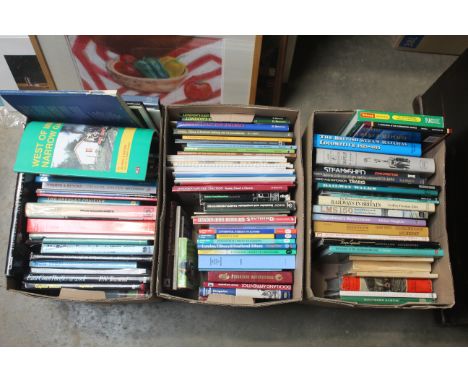 Three boxes of various books to include a Triang 'Model railways Volume 1 1950-1965', a book on American narrow gauge railroa