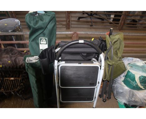 A small set of folding steps, two folding metal director style chairs, folding camp chair and a Eurohike compact steel framed