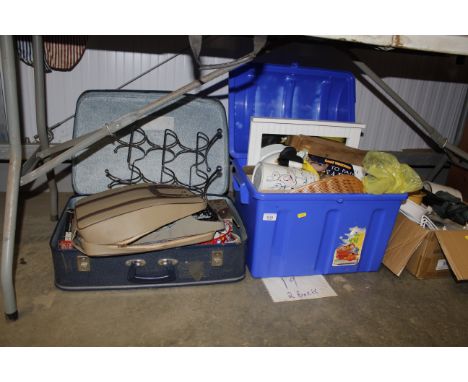 Two boxes of various sundries to include mirror, small wicker basket, cased typewriter, decorative corks, six bottle metal wi