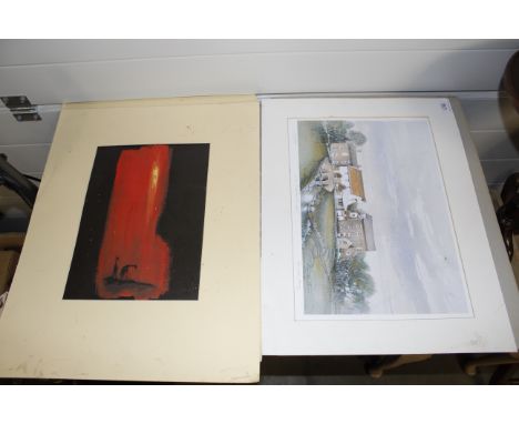 A print of Rackham's Mill, Wickham Market' (159/500) after Ronald Carn, together with two abstract prints depicting African w
