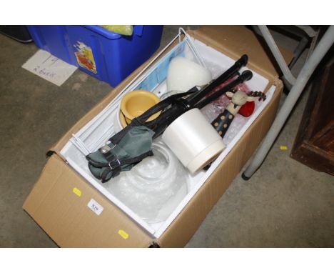 A box of various miscellaneous items to include a folding tripod stool, various ceramics, a giraffe ornament etc.