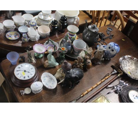 A collection of various ornaments to include owls, elephants, ducks, a wall mounted clock, pewter teapot Model No 4653 by Jam