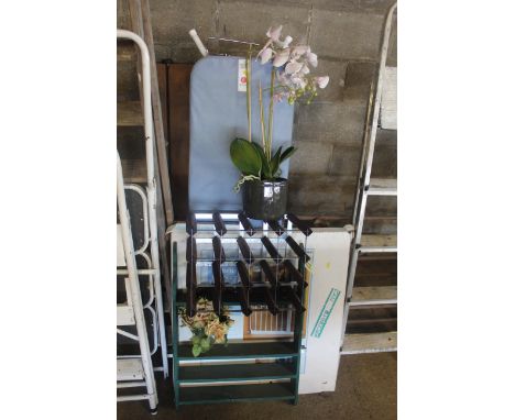 A Brabantia folding ironing board; a Mothercare stair gate; a green painted wall shelf; a wooden and metal wine rack etc