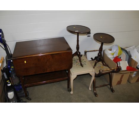 A two tier oak drop  leaf tea trolley, two wine tables on tripod bases and two embroidered stools