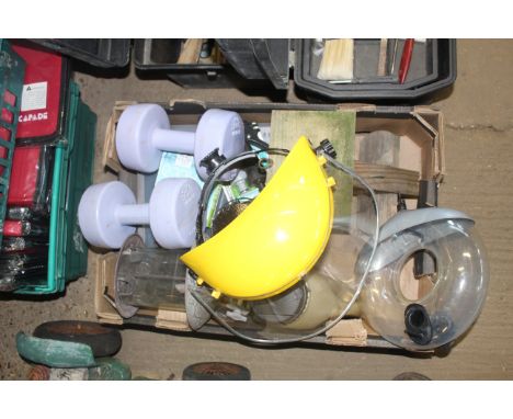 A quantity of miscellaneous items to include protective visor, bird feeding station, pair of 3kg dumbbells, a part bottle of 